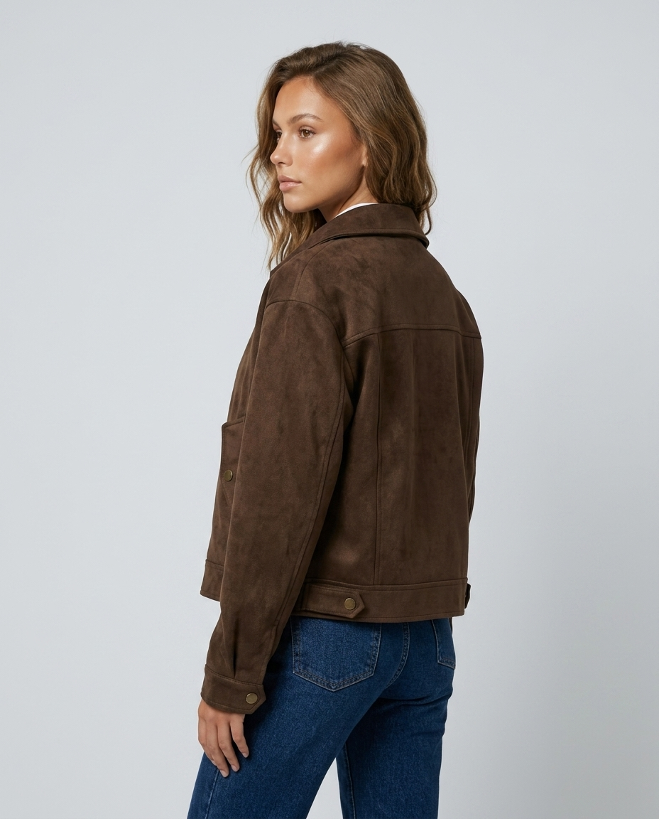 Mason Faux Suede Moto Jacket - Dark brown lined - Rear-Side