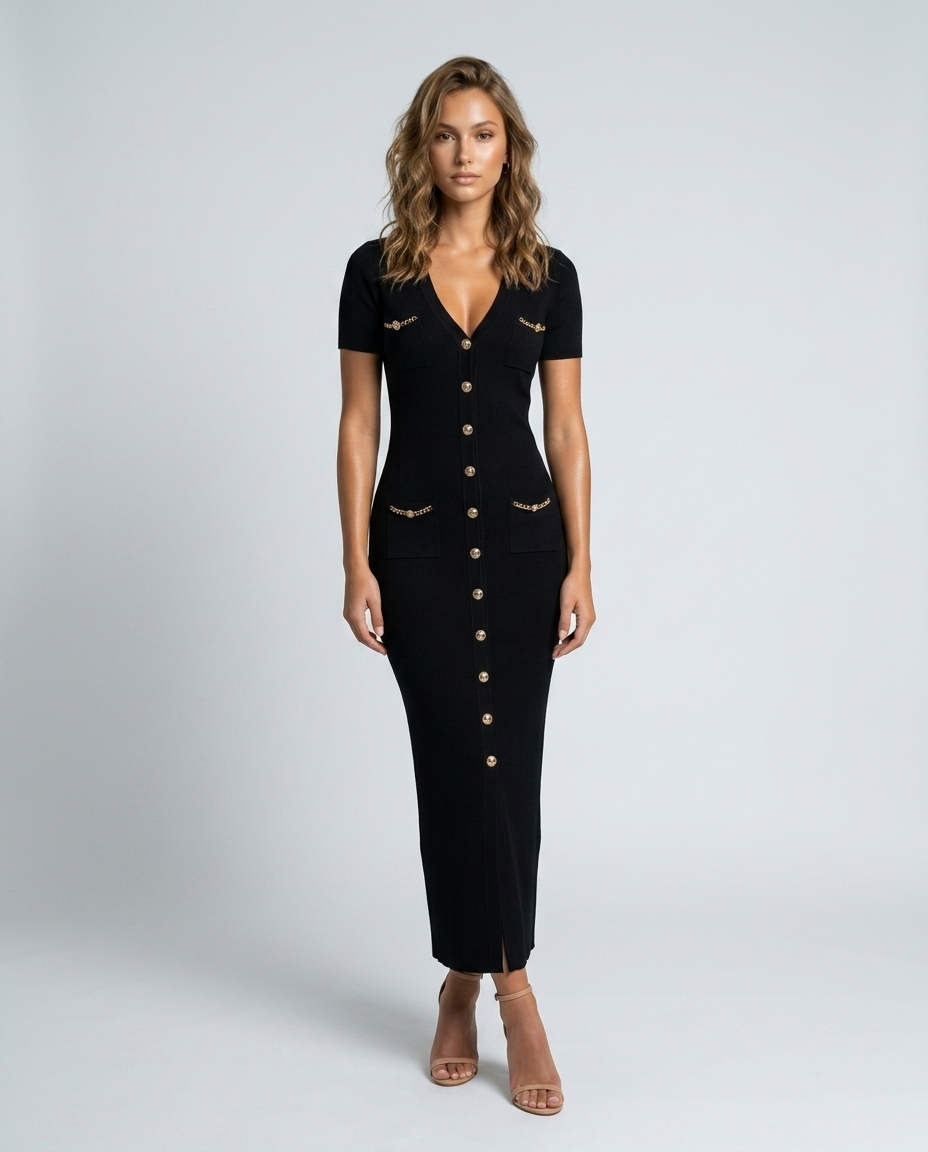 Blaire Knit Button Maxi - Black - Front