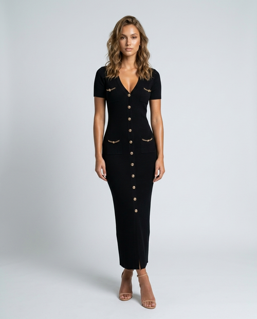 Blaire Knit Button Maxi - Black - Front
