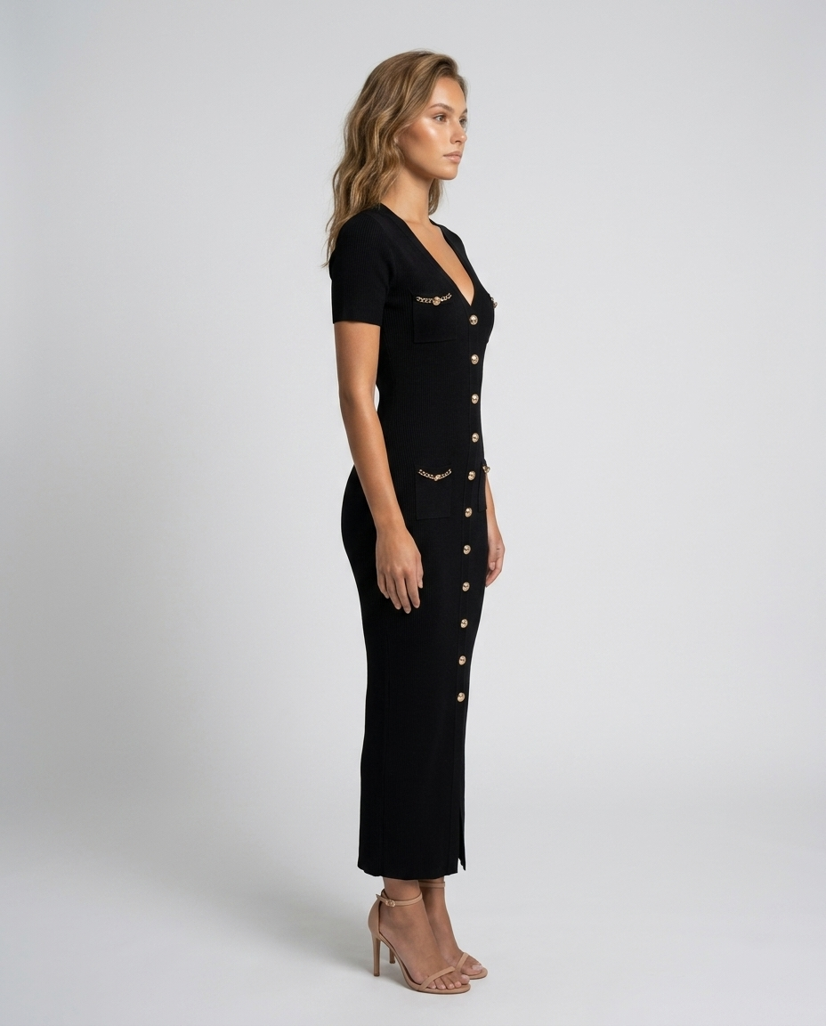 Blaire Knit Button Maxi - Black - Side