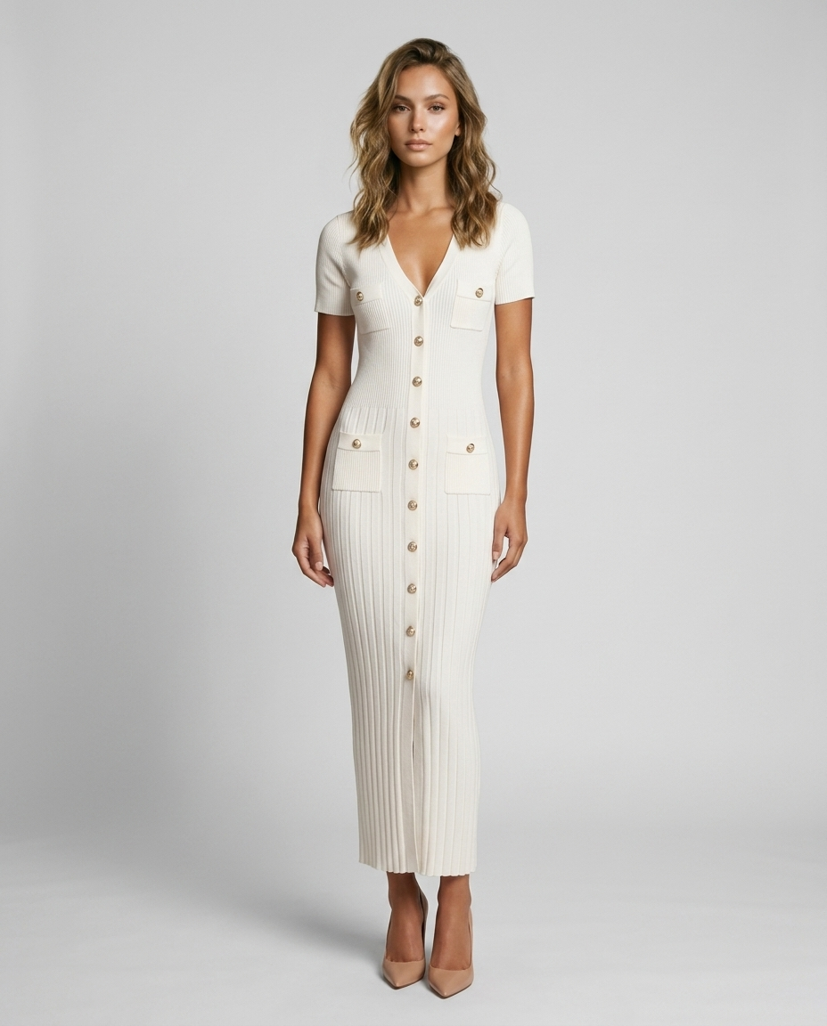 Blaire Knit Button Maxi - White - Front