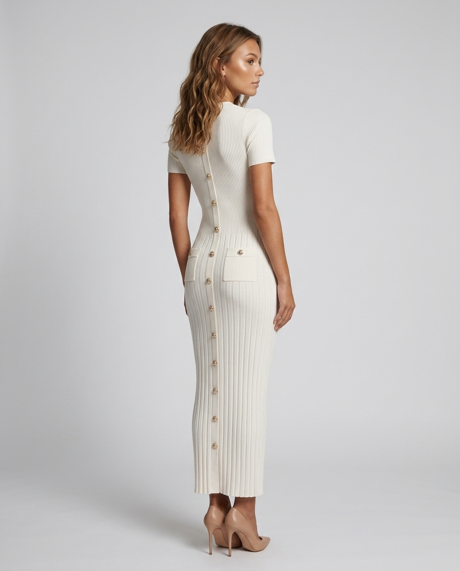 Blaire Knit Button Maxi - White - Rear-Side