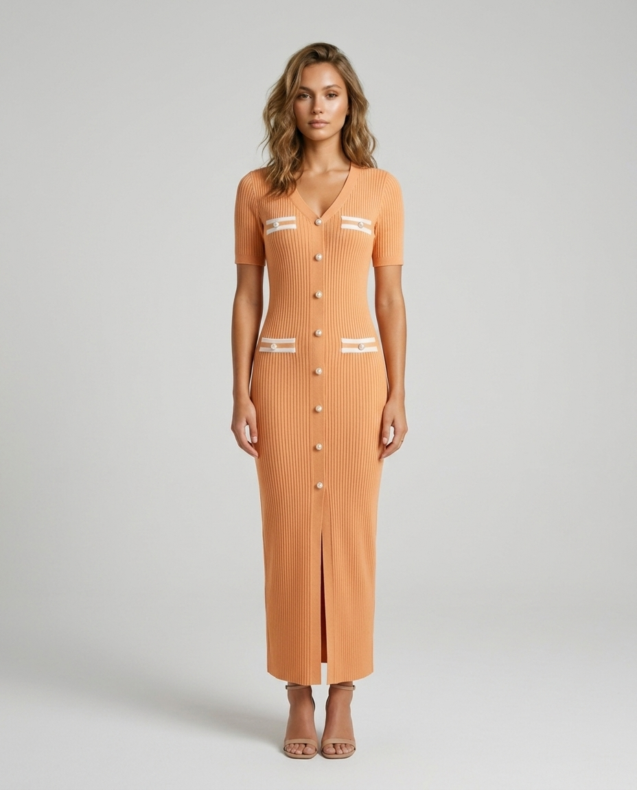 Blaire Knit Button Maxi - Apricot - Front