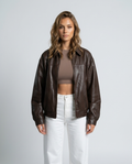 Evan Leather Bomber Jacket Brown - Front
