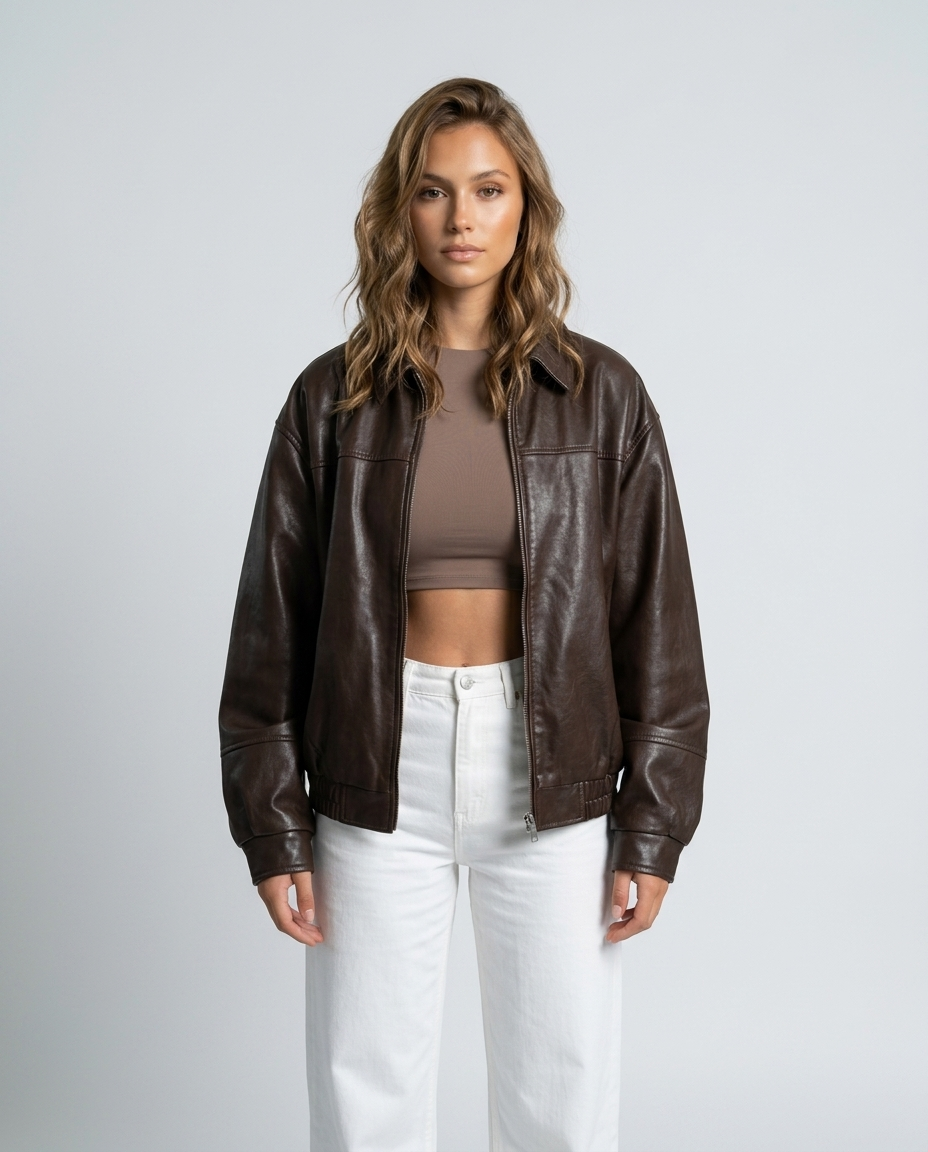 Evan Leather Bomber Jacket Brown - Front