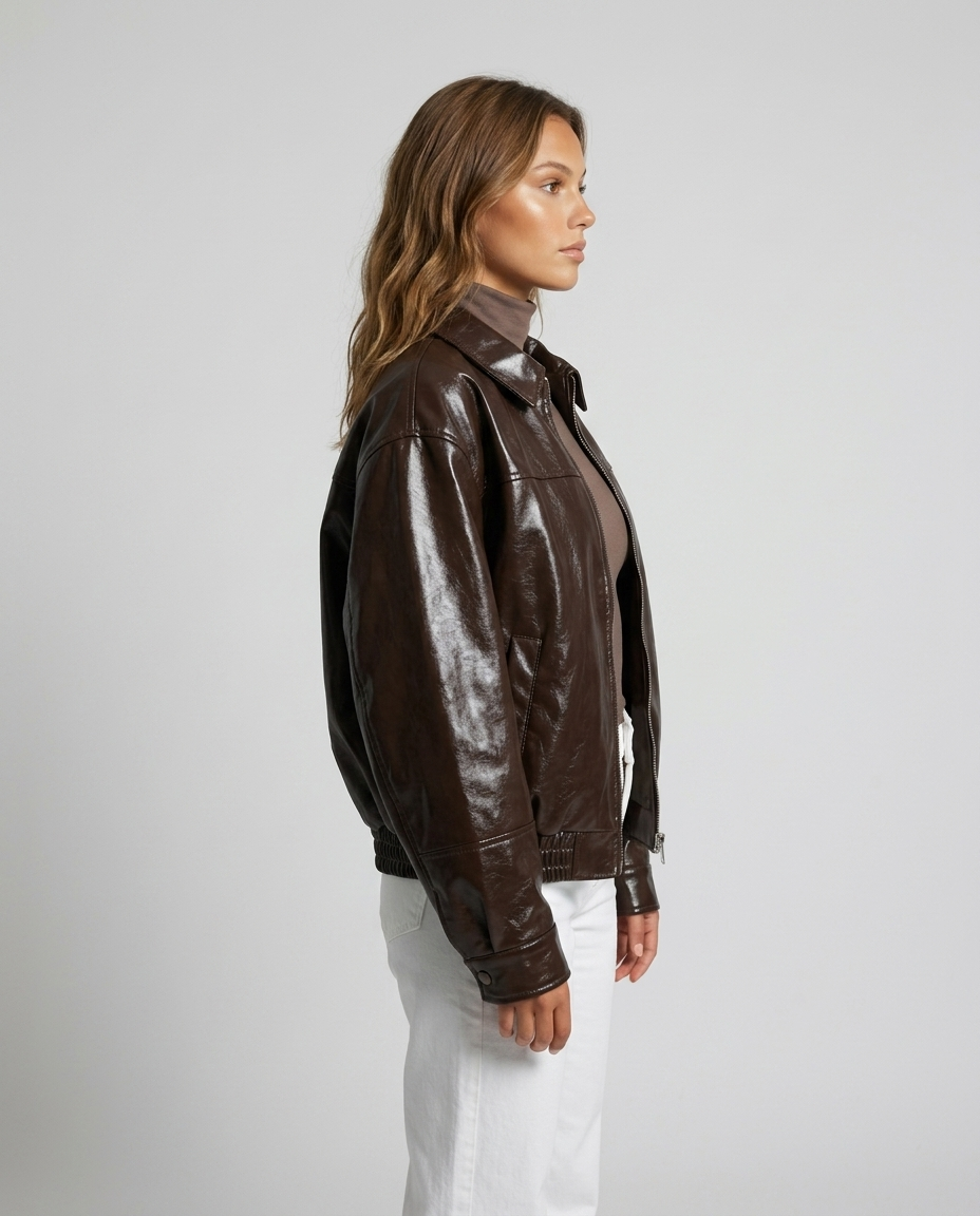Evan Leather Bomber Jacket Brown - Side