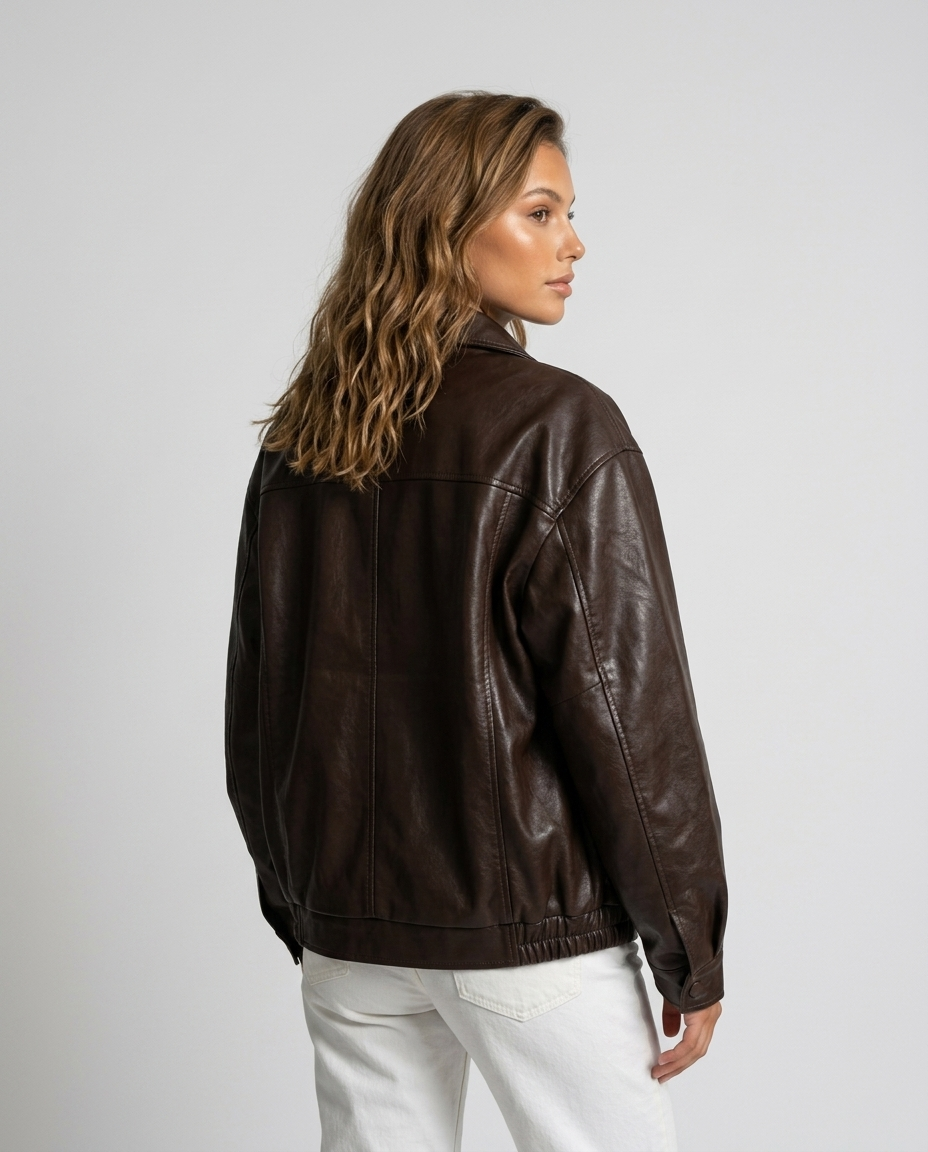 Evan Leather Bomber Jacket Brown - Rear-Side