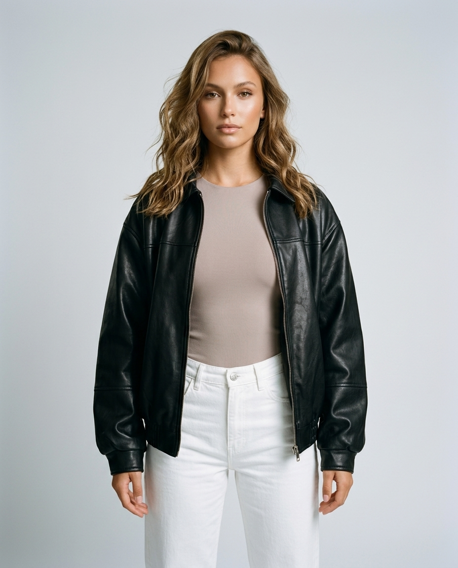 Evan Leather Bomber Jacket Black - Front