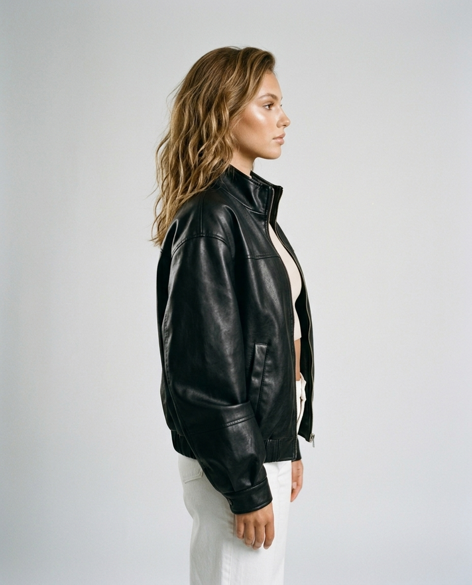 Evan Leather Bomber Jacket Black - Side