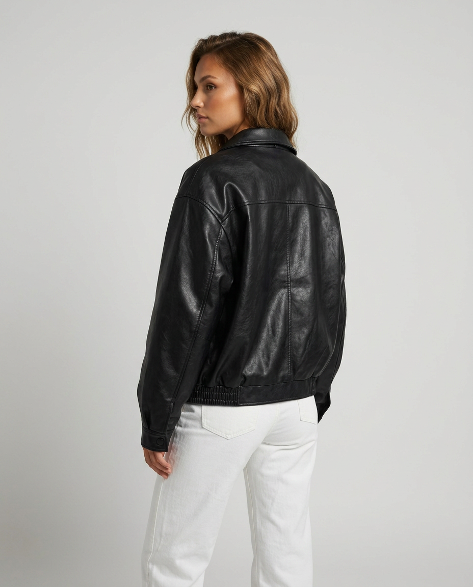 Evan Leather Bomber Jacket Black - Rear-Side