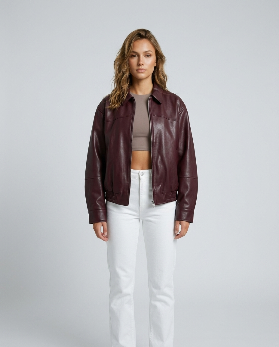 Evan Leather Bomber Jacket Burgundy - Front