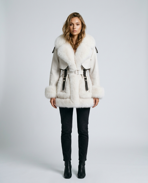 Aveline Fur Coat Off-White - Front