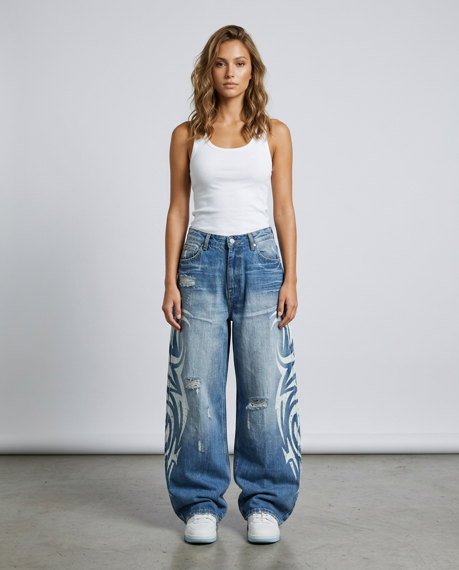 Varelli Retro Wide Leg Denim - Blue - Front