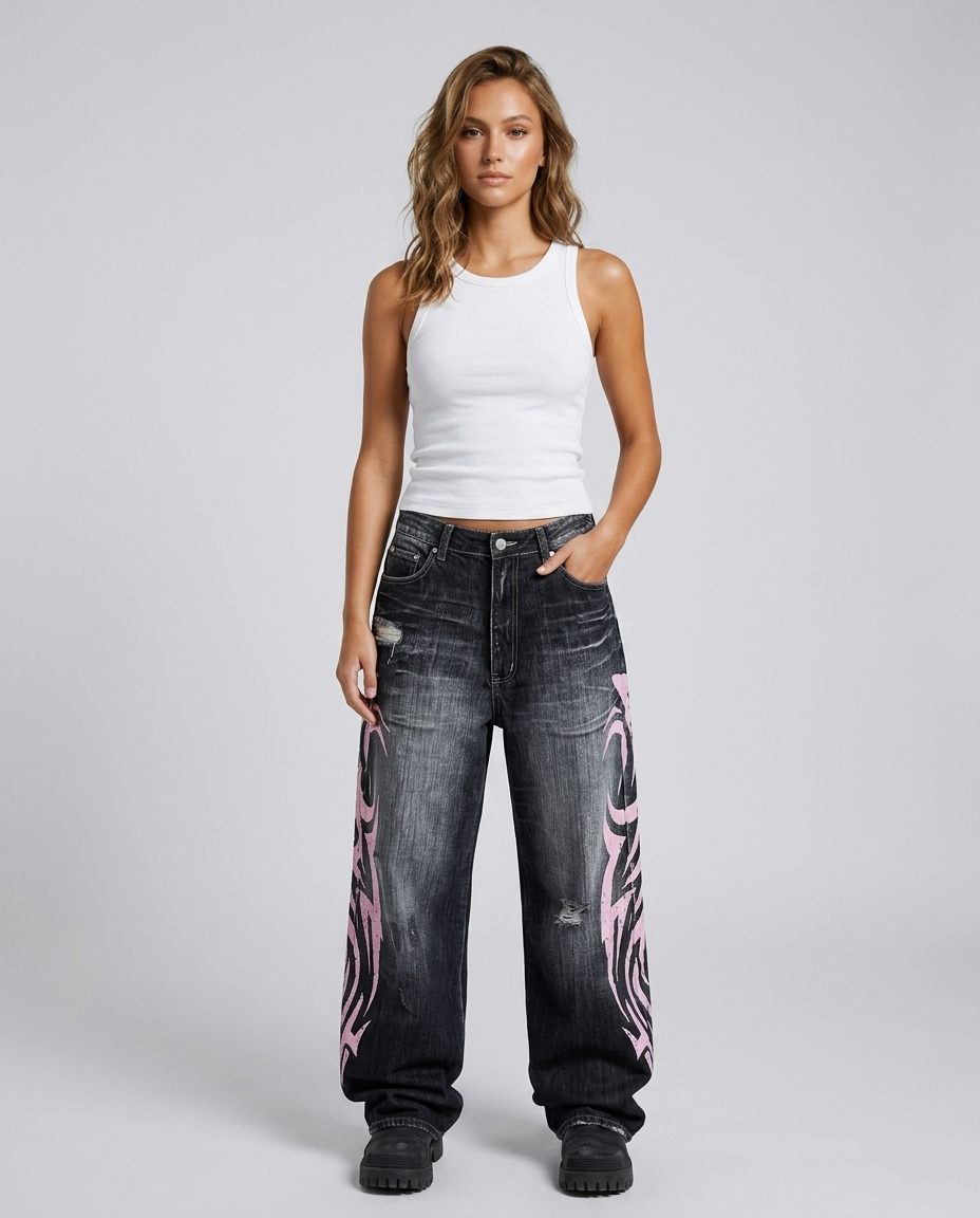 Varelli Retro Wide Leg Denim - Black - Front