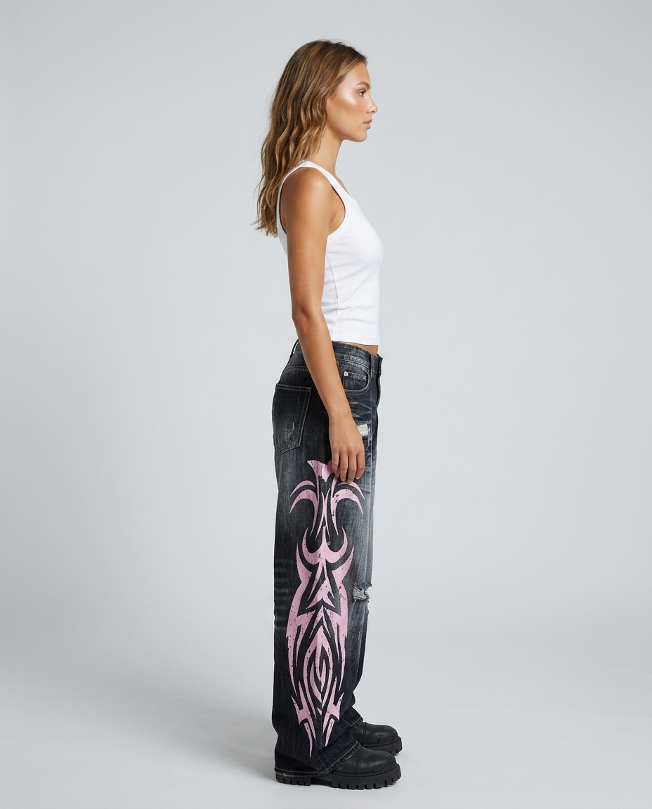 Varelli Retro Wide Leg Denim - Black - Side