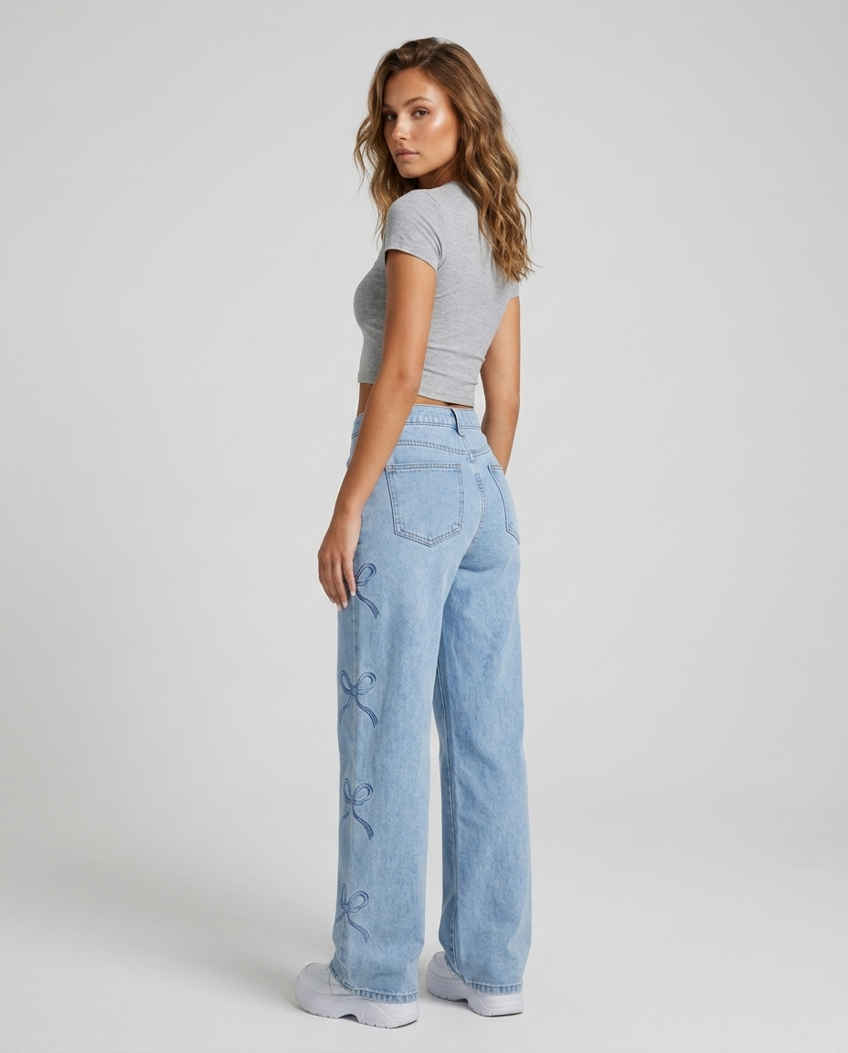 Eloria Bow Waist Wide Leg Jeans - Light Blue - Rear-Side