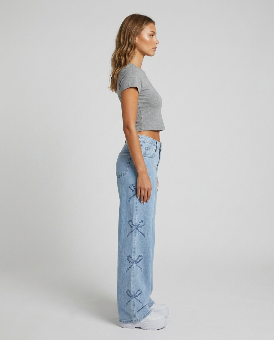 Eloria Bow Waist Wide Leg Jeans - Light Blue - Side