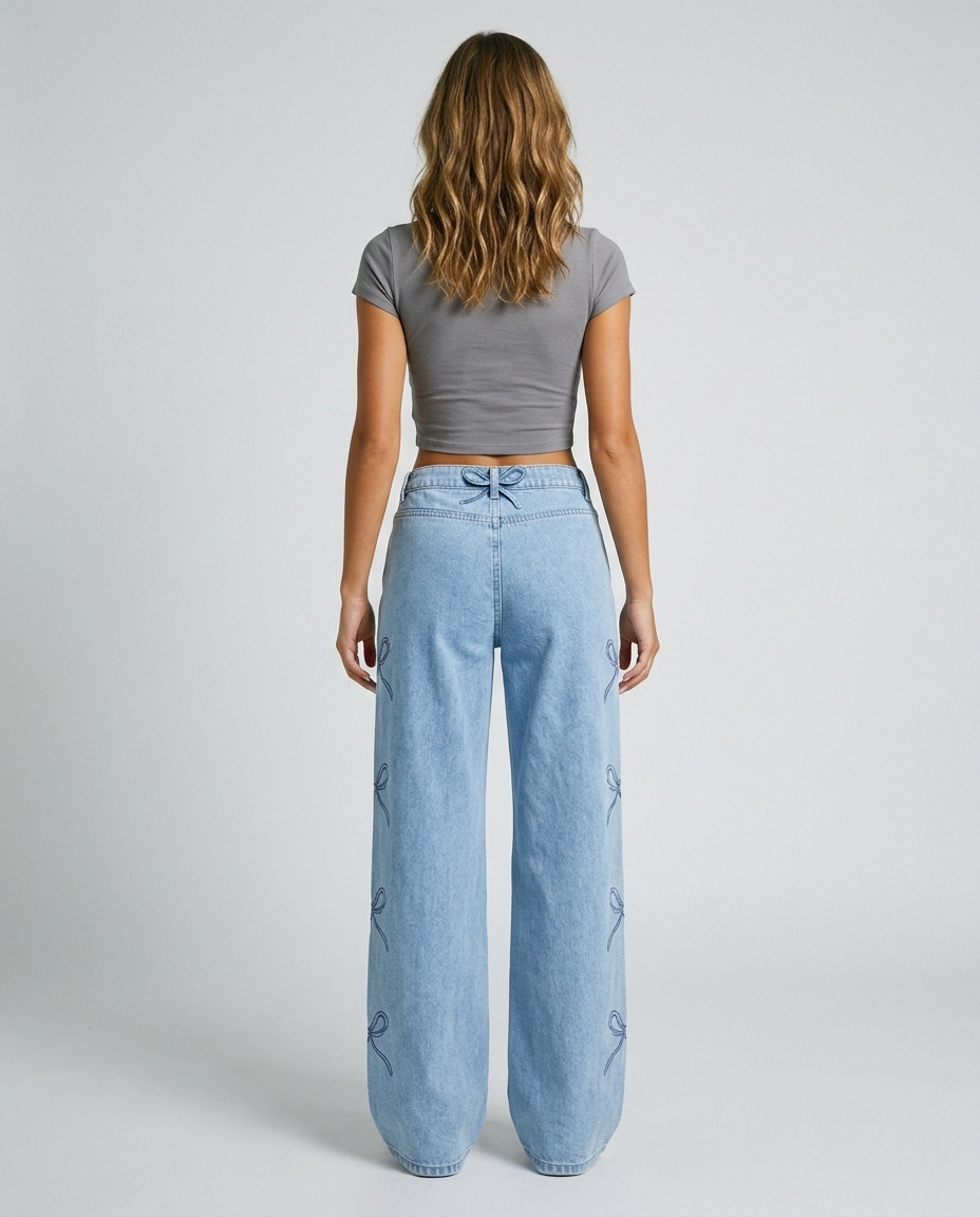 Eloria Bow Waist Wide Leg Jeans - Light Blue - Rear
