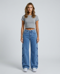 Eloria Bow Waist Wide Leg Jeans - Dark Blue - Front