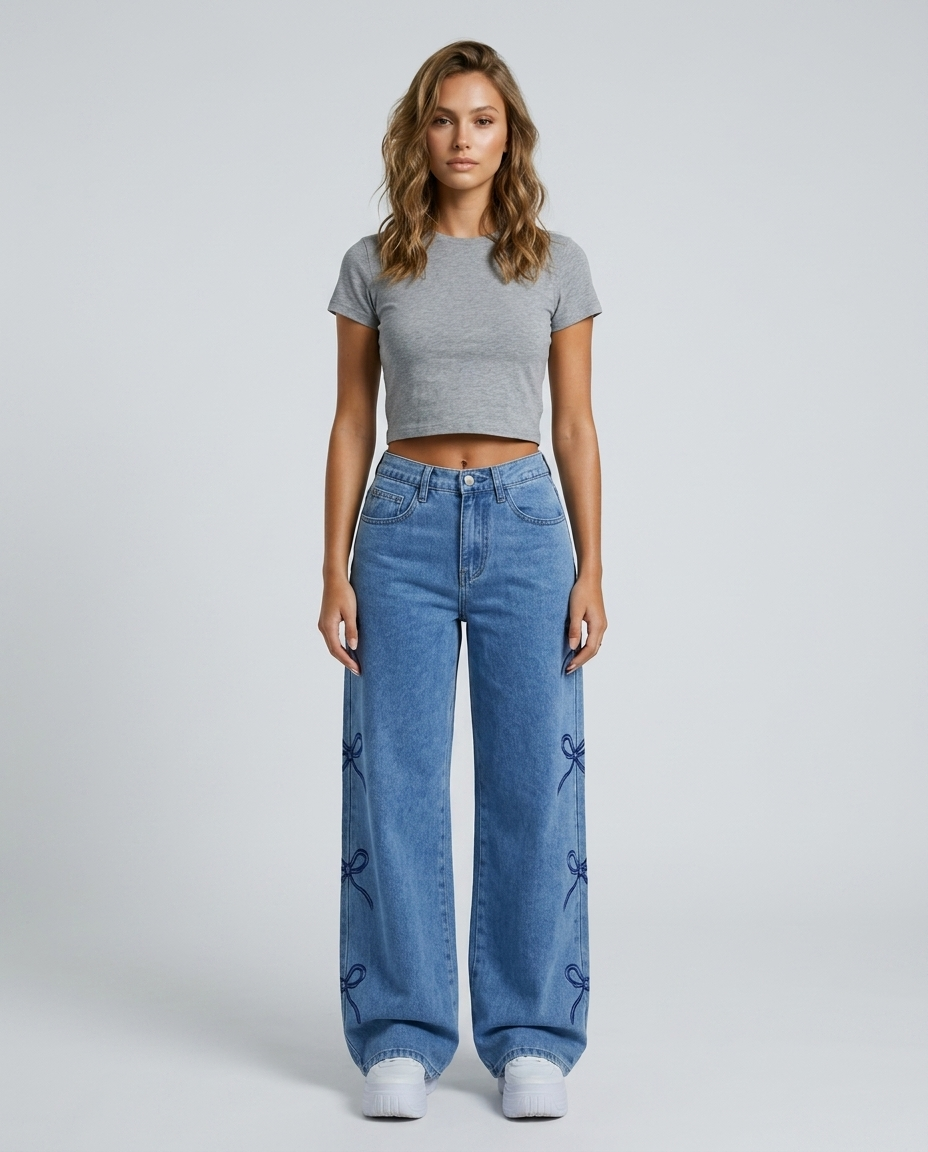 Eloria Bow Waist Wide Leg Jeans - Dark Blue - Front