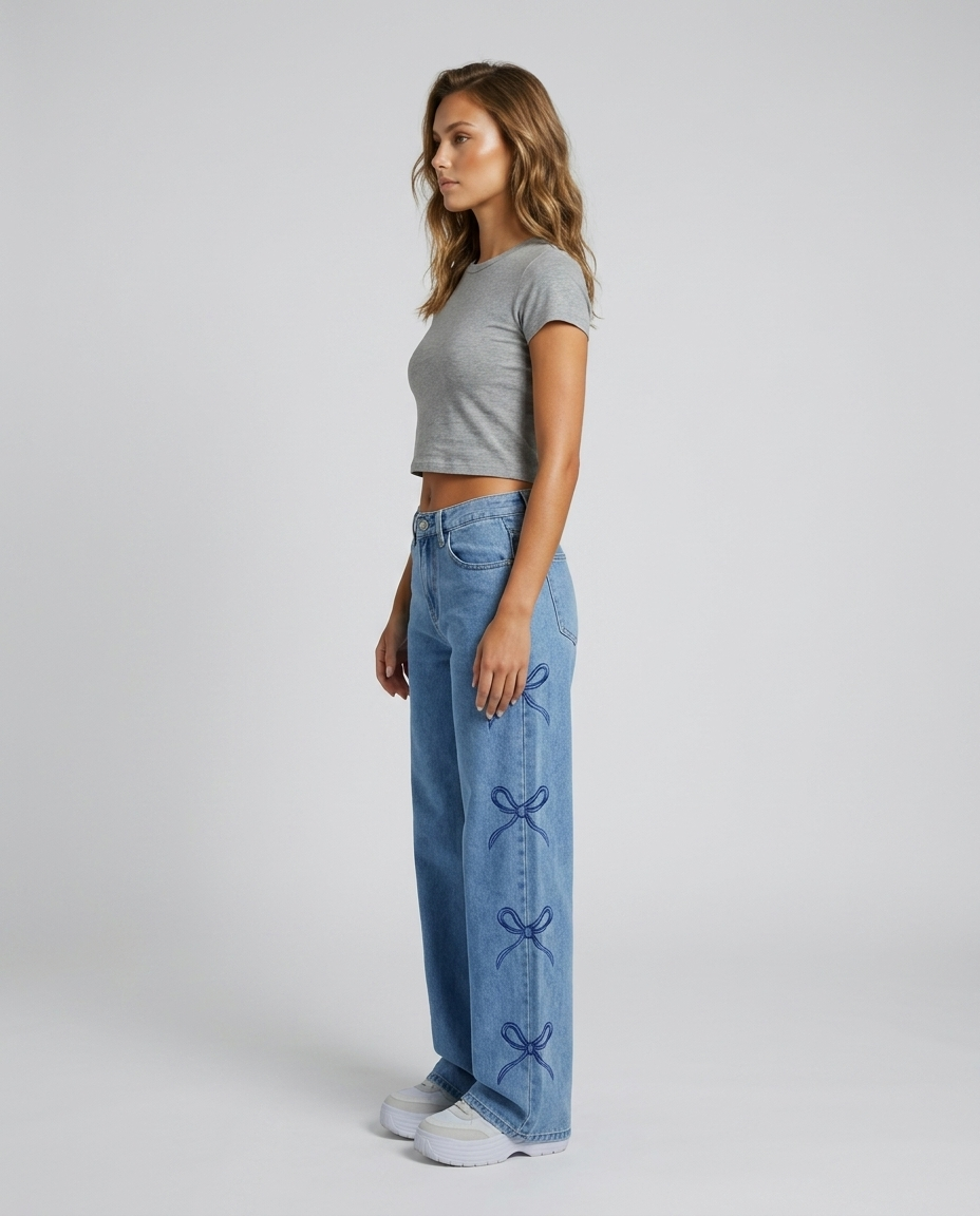 Eloria Bow Waist Wide Leg Jeans - Dark Blue - Side