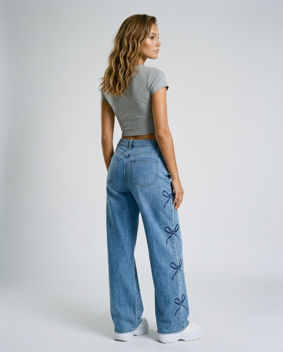 Eloria Bow Waist Wide Leg Jeans - Dark Blue - Rear-Side