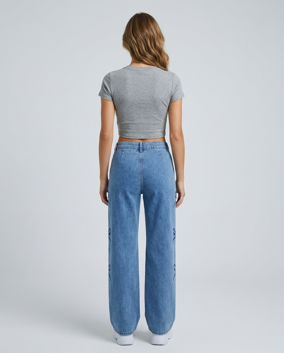 Eloria Bow Waist Wide Leg Jeans - Dark Blue - Rear