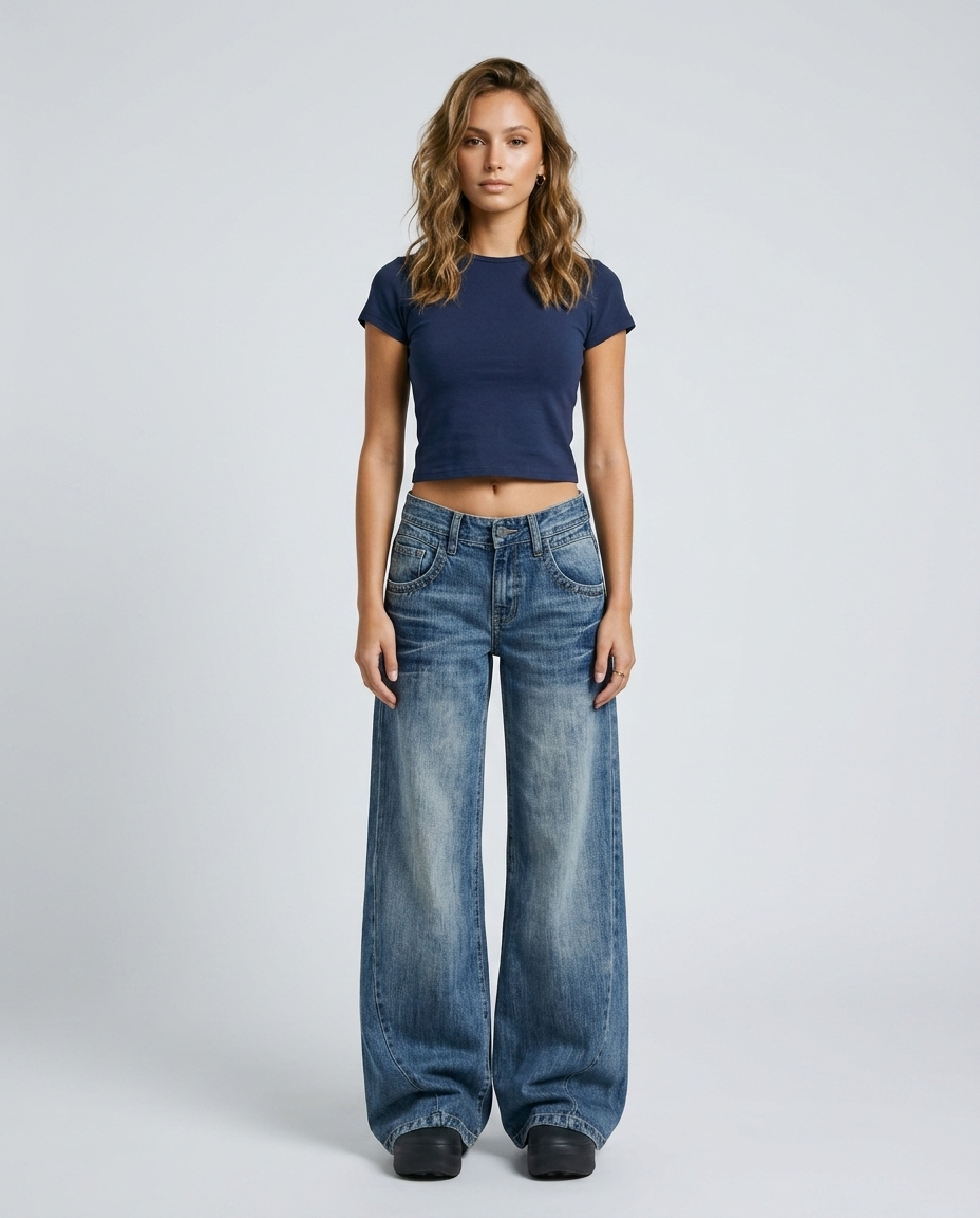 Sorelle Floor Length Wide Denim - Blue - Front