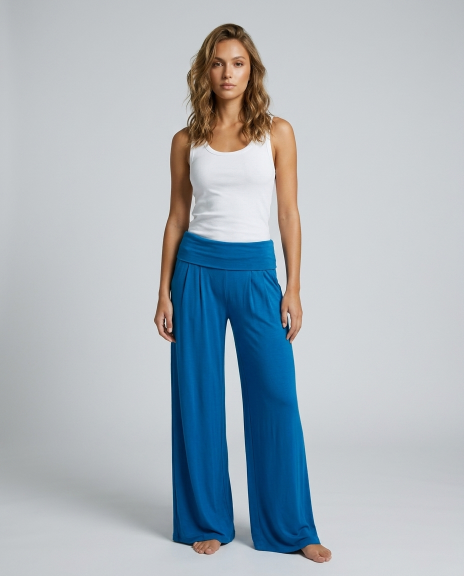 Lunara Pleated Flare Trousers - Blue - Front