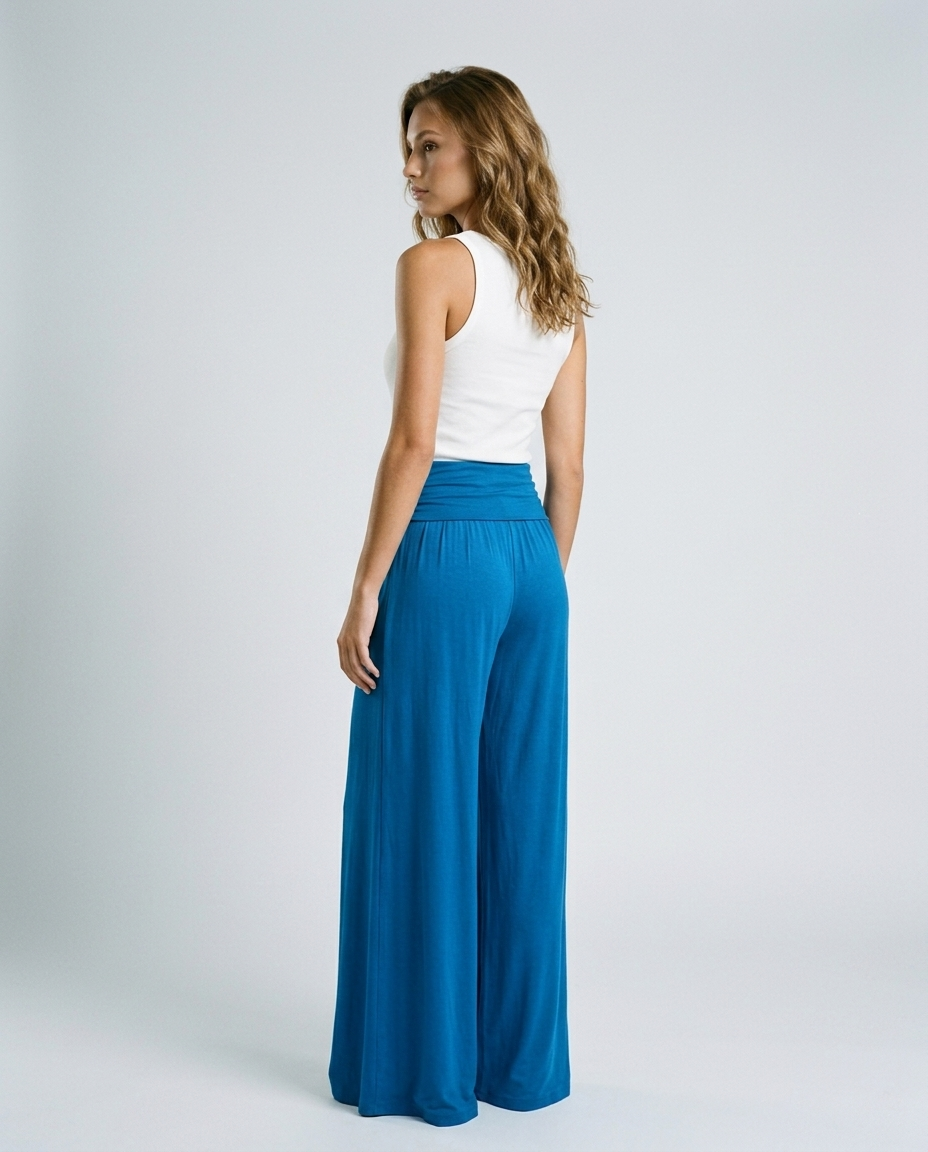 Lunara Pleated Flare Trousers - Blue - Rear-Side