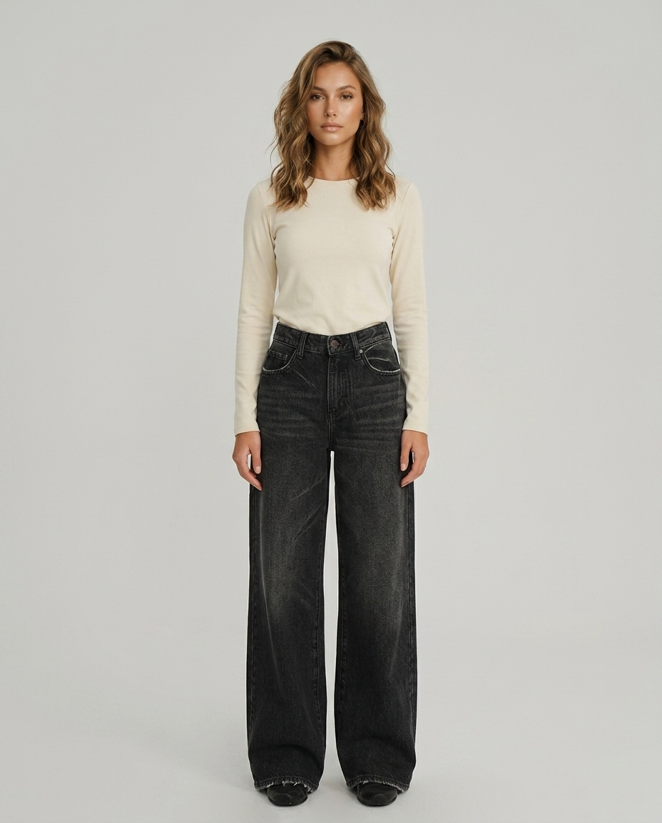 Orvella Vintage Wide Denim - Washed Black Full Length - Front
