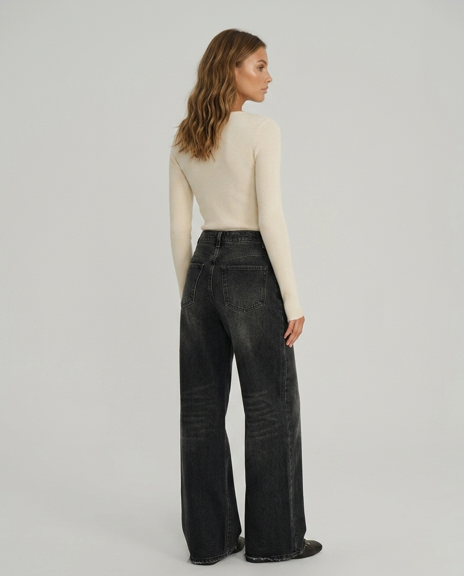 Orvella Vintage Wide Denim - Washed Black Full Length - Rear-Side