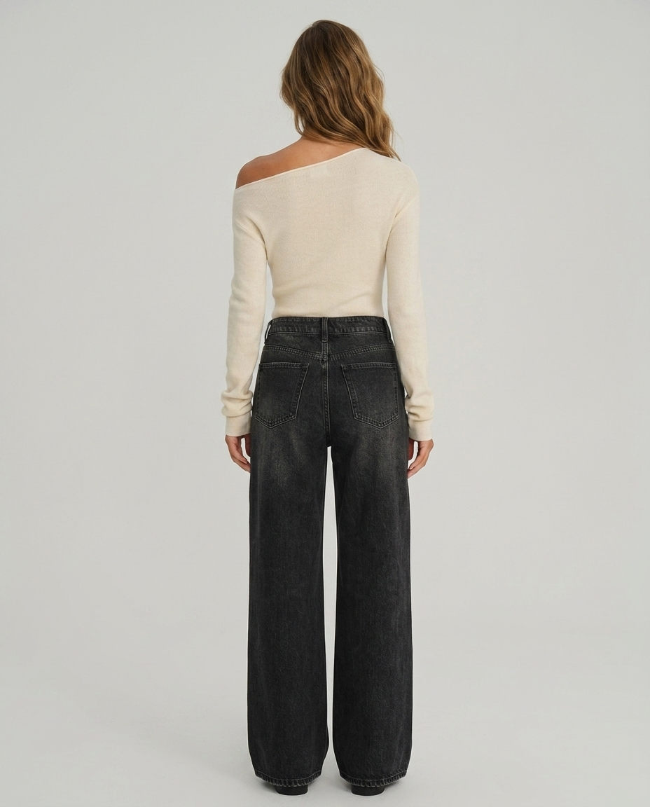 Orvella Vintage Wide Denim - Washed Black Full Length - Rear