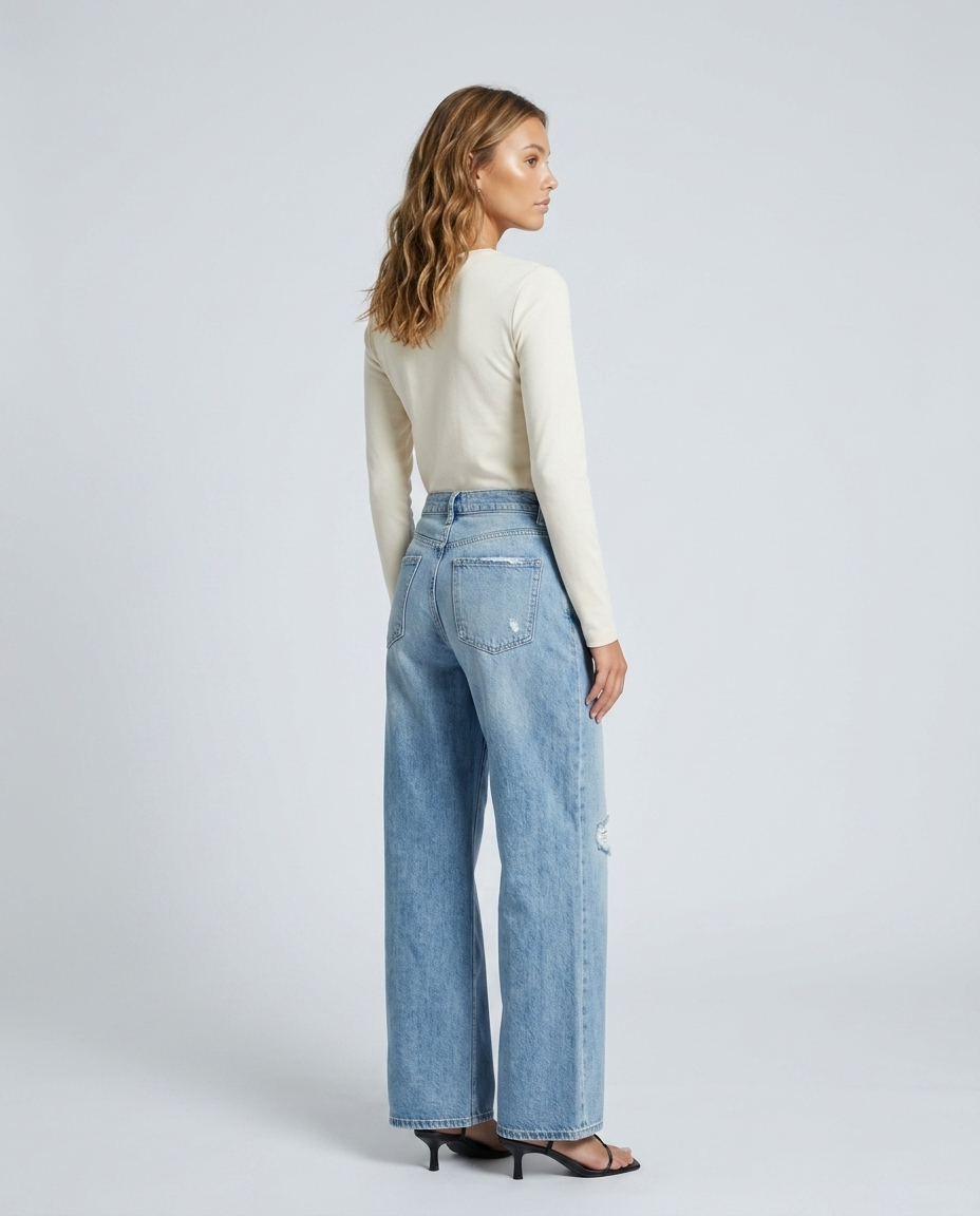 Orvella Vintage Wide Denim - Okayama Blue Cropped Short - Rear-Side