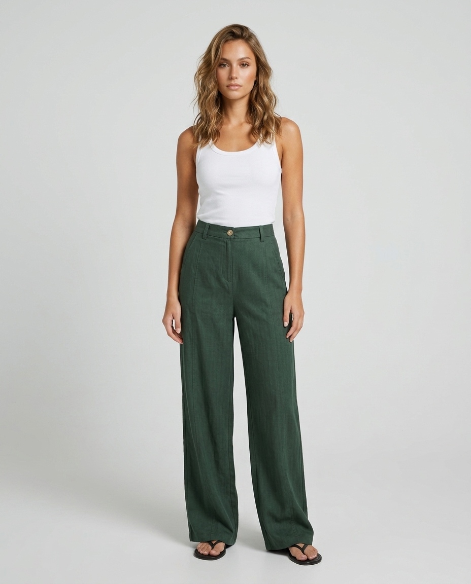 Valenne Tencel Linen Trousers - Dark green - Front
