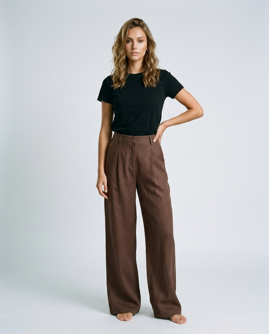 Marcella Heritage Linen Pants - Dark brown - Front
