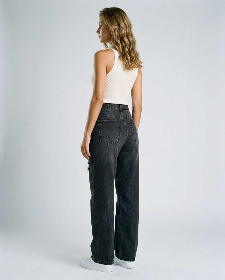 Kaelis Sand Wash Straight Denim - Black - Rear-Side