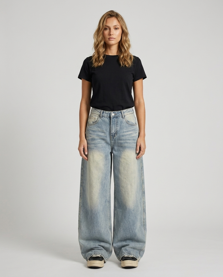 Elvian Embroidered Wide Denim - Blue - Front