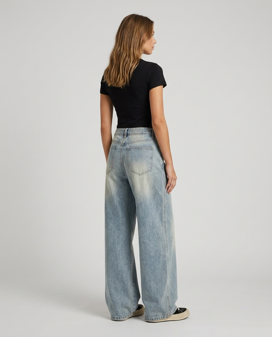 Elvian Embroidered Wide Denim - Blue - Rear-Side