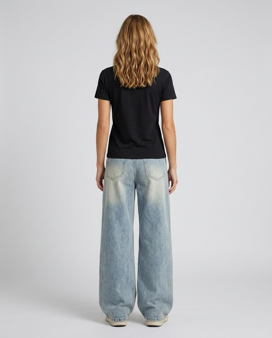 Elvian Embroidered Wide Denim - Blue - Rear