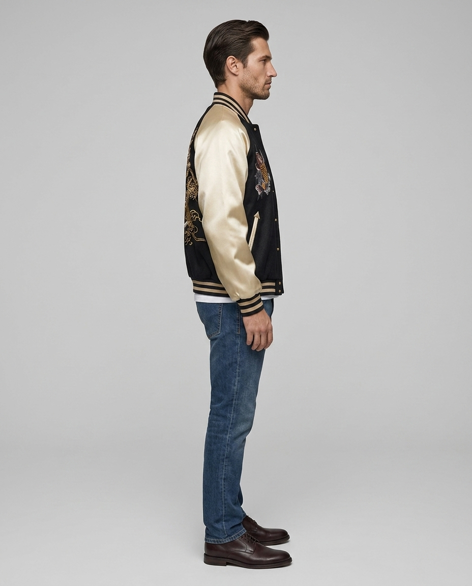 Kairo Embroidered Varsity Jacket Black Gold Side