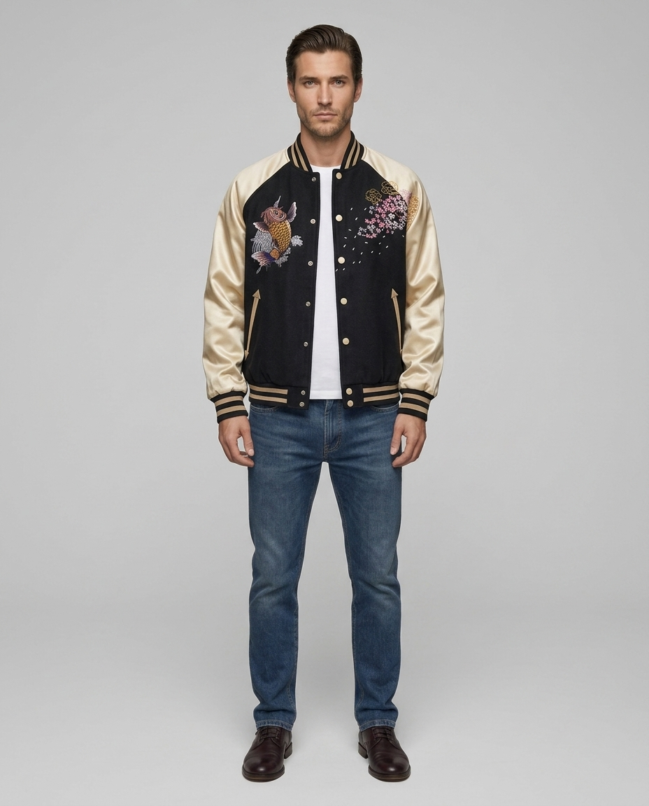 Kairo Embroidered Varsity Jacket Black Gold Front
