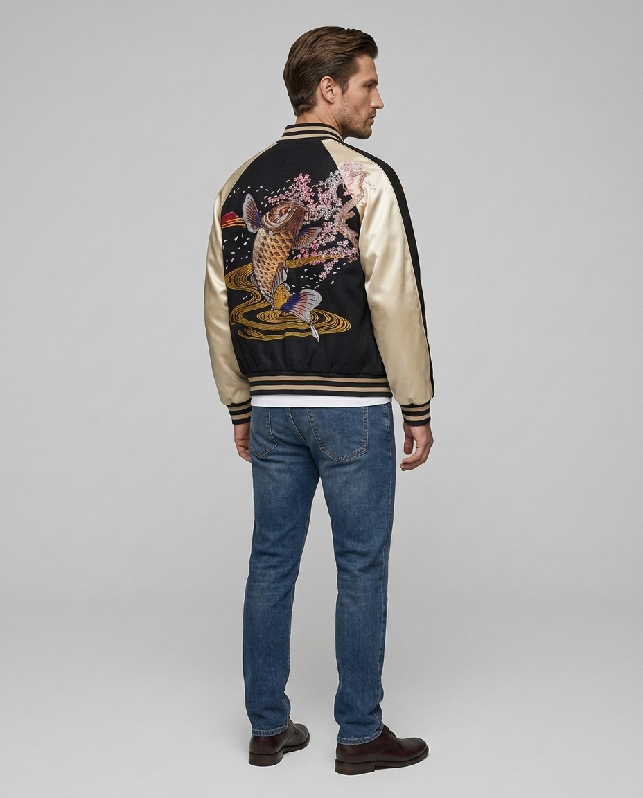 Kairo Embroidered Varsity Jacket Black Gold Rear-Side