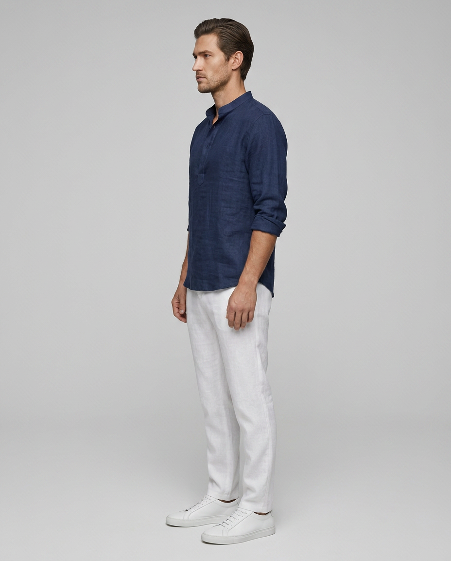 Luca Linen Shirt Navy Blue - Side