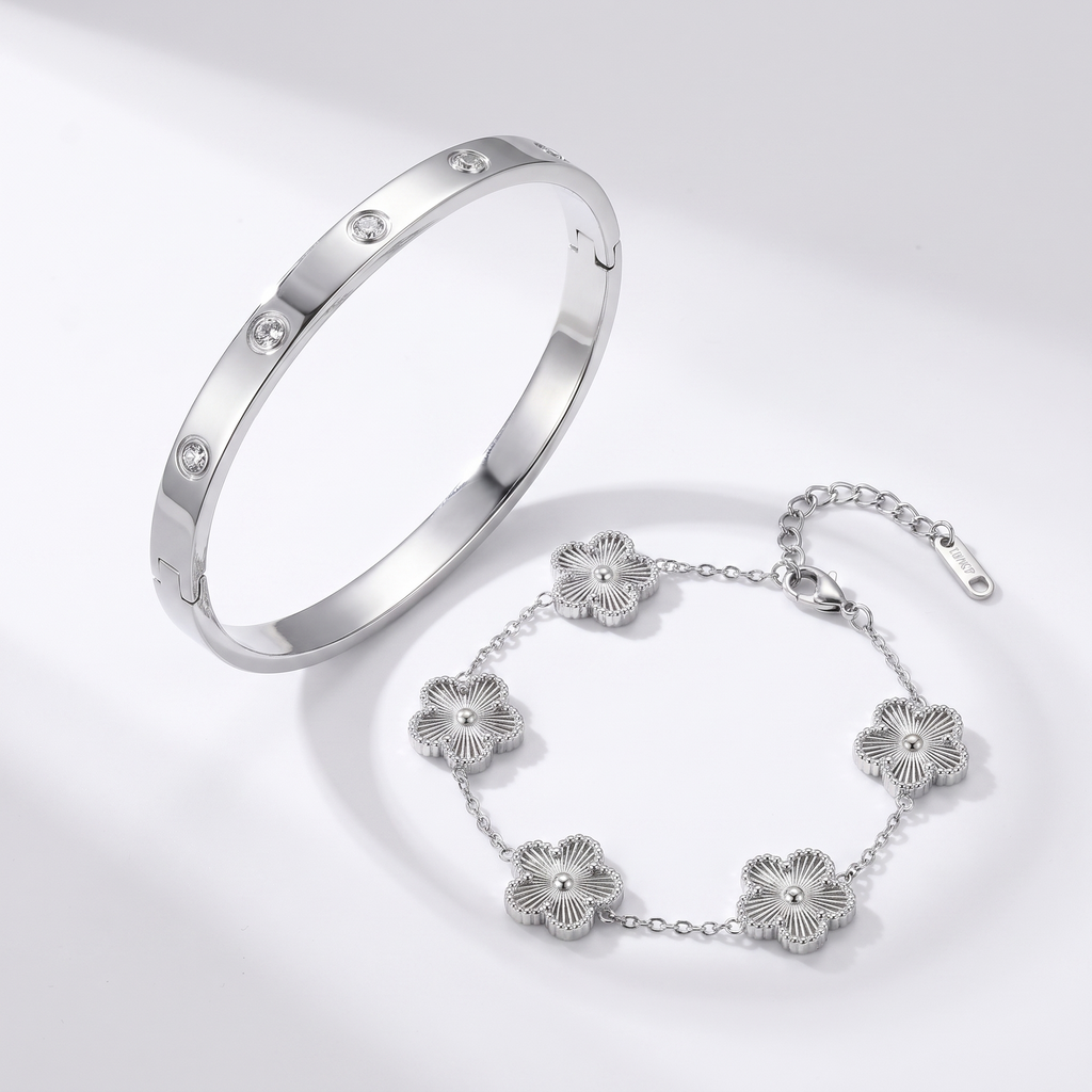 Petaline silver abalone set - bangle and bracelet on white background