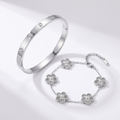 Petaline silver abalone set - bangle and bracelet on white background
