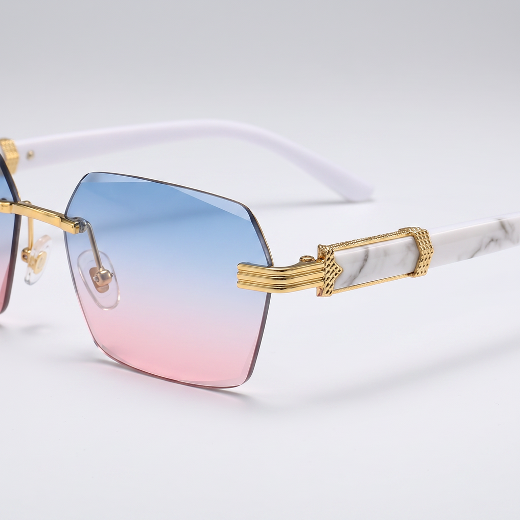 Gradient Color Rimless Square Sunglasses - Blue Pink Lens - hinge detail shot