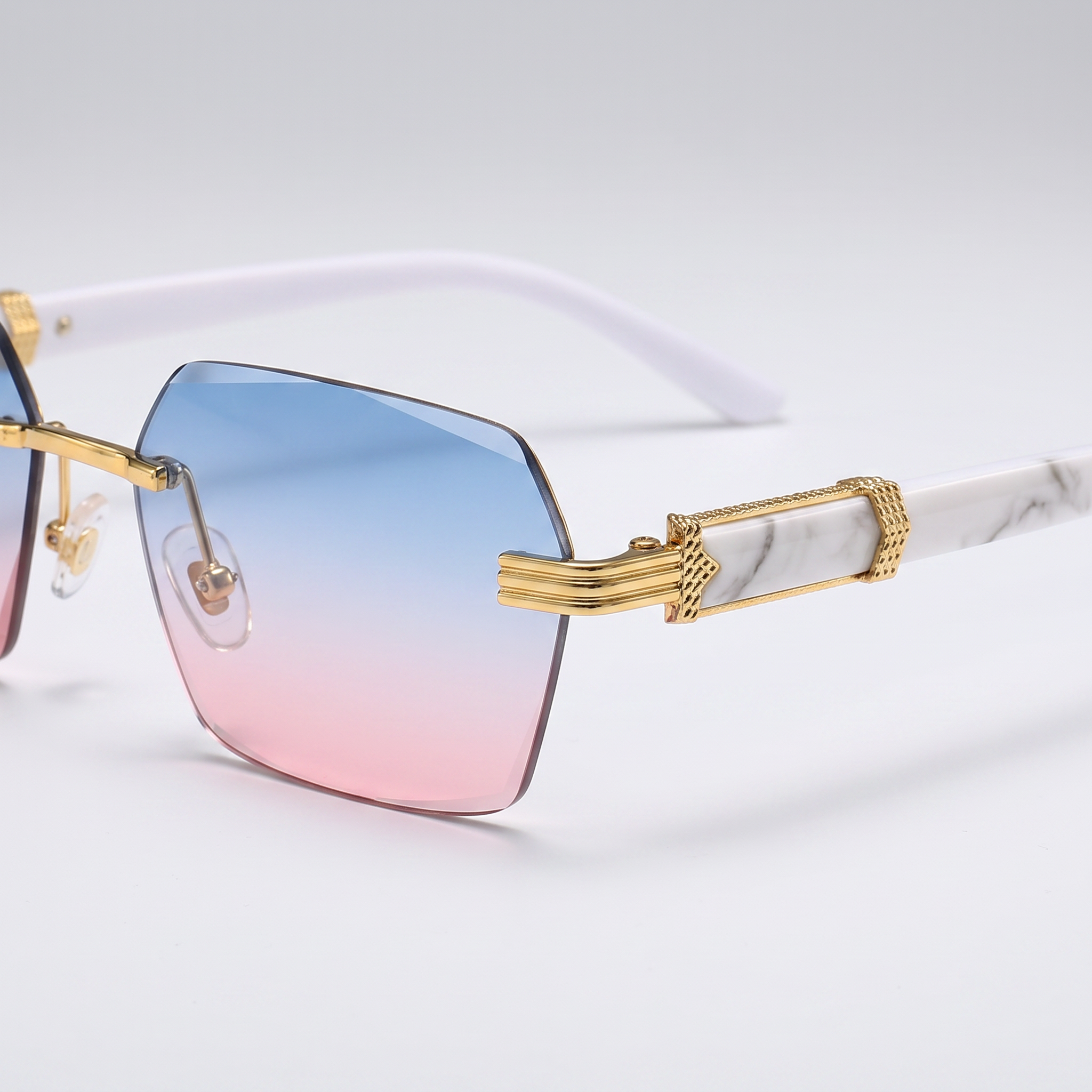 Gradient Color Rimless Square Sunglasses - Blue Pink Lens - hinge detail shot