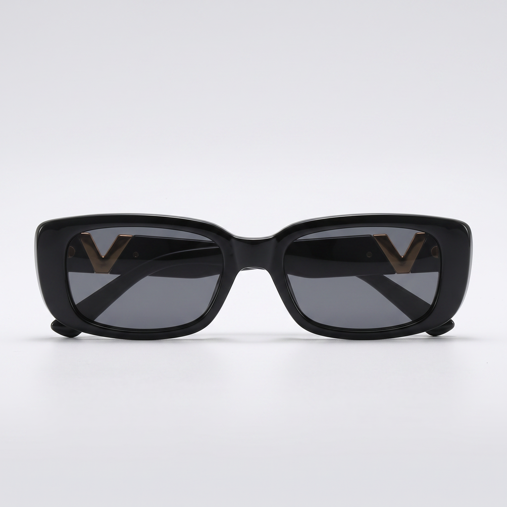 Retro Square Frameless Sunglasses - Bright Black - front studio shot