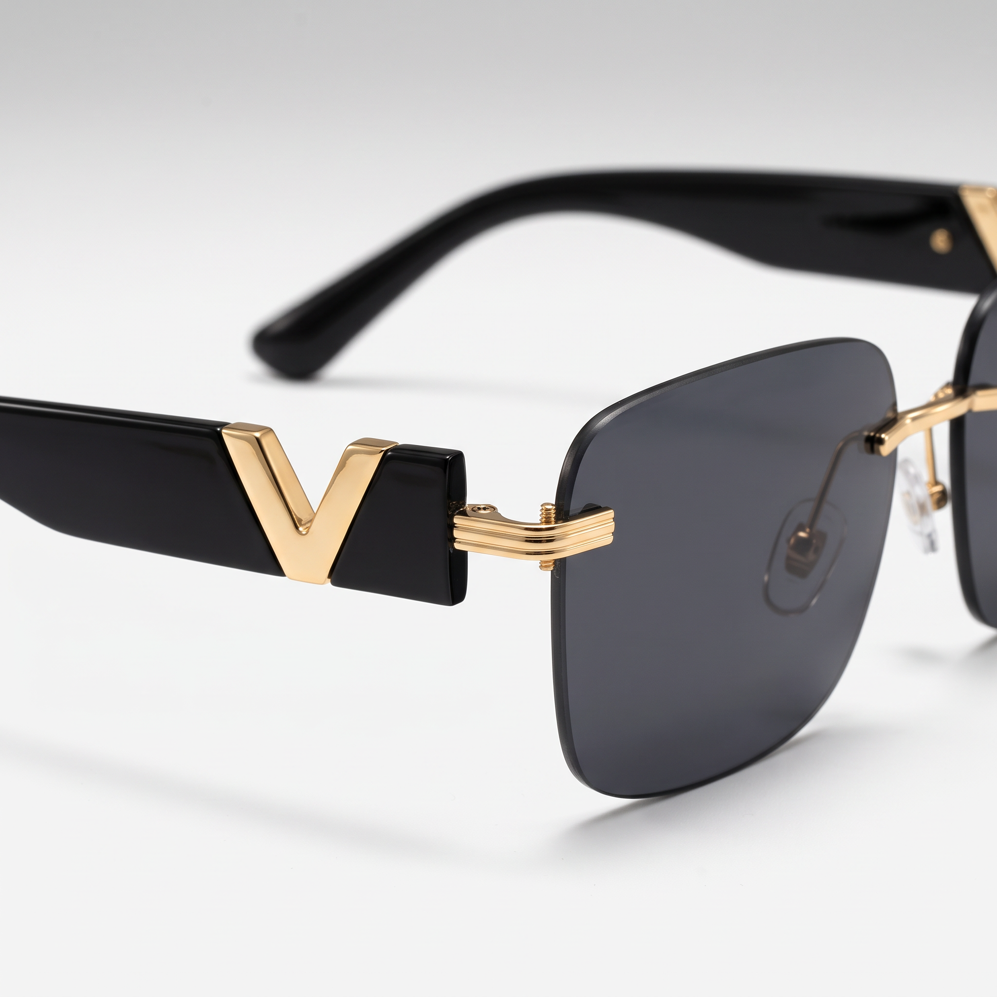 Retro Square Frameless Sunglasses - Bright Black - hinge detail shot